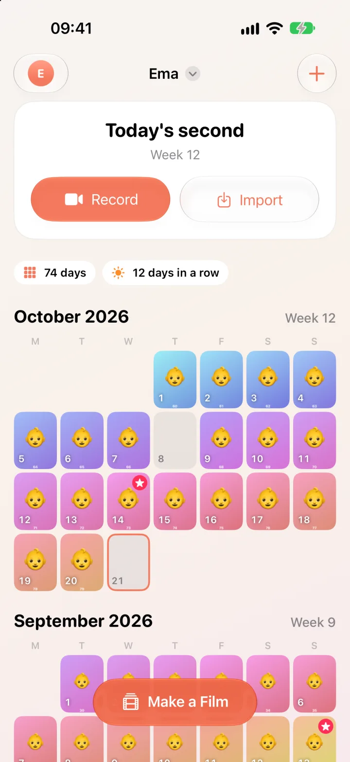 One Sec Daily a calendar of daily clips with today's Record and Import buttons